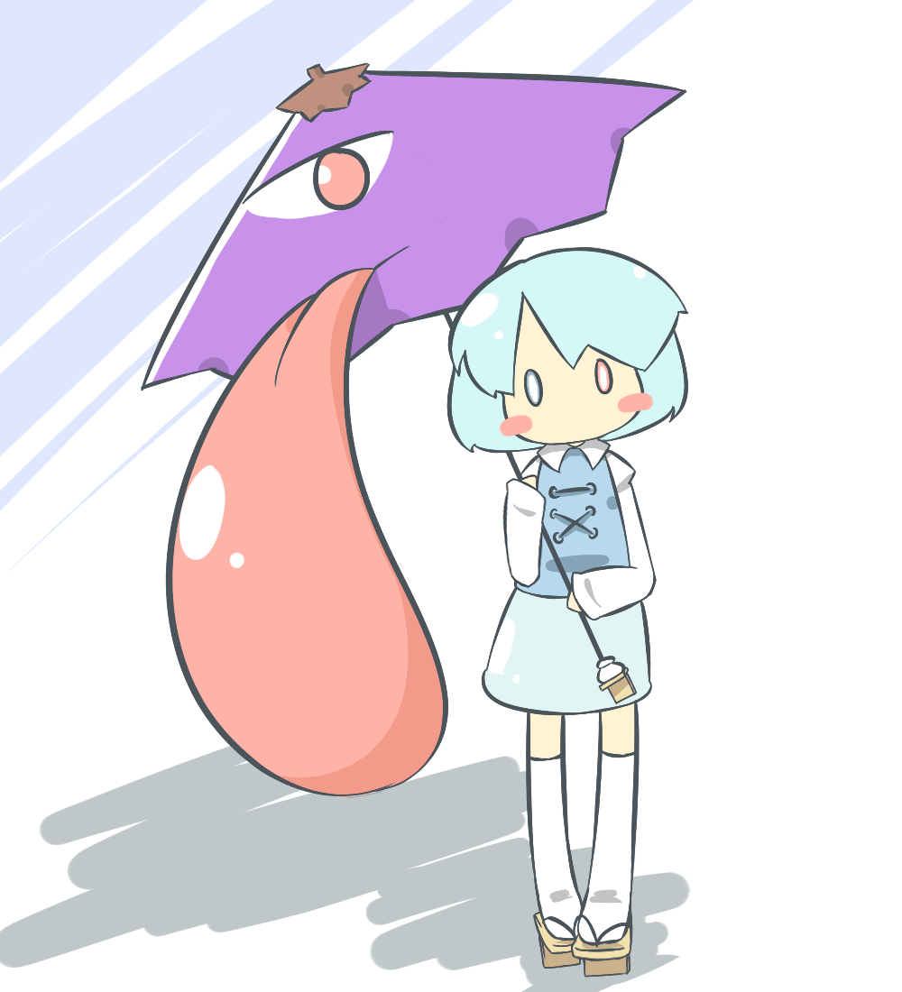 1girl bangs blue_eyes blue_hair blue_skirt blue_vest blush geta head_tilt heterochromia holding holding_umbrella juliet_sleeves karakasa_obake long_sleeves looking_at_viewer puffy_sleeves purple_umbrella red_eyes sherumaa_(shellmound) shirt short_hair skirt socks tagme tatara_kogasa tongue touhou umbrella vest white_shirt