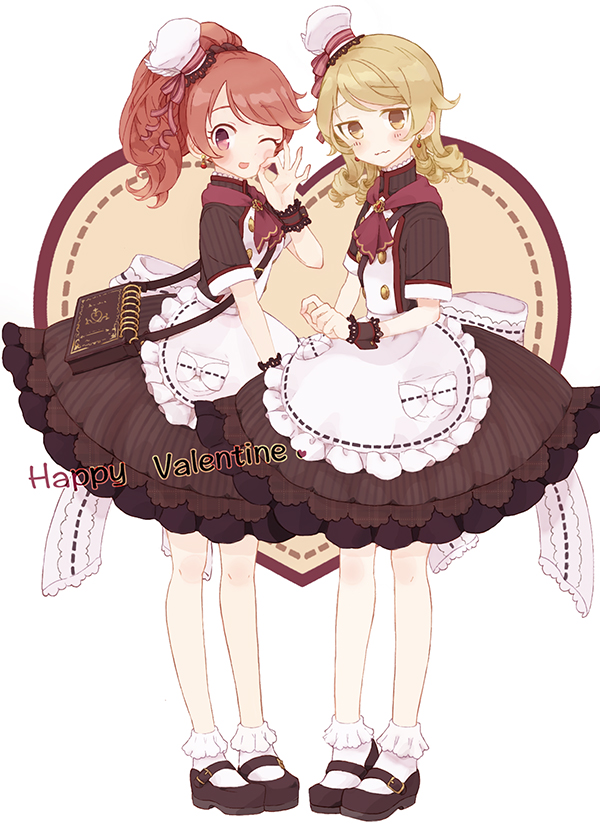 2girls ;d apron bag black_footwear blush_stickers bobby_socks bow brown_dress brown_eyes brown_hair character_request closed_mouth dress earrings enu_(roco_roco44) frilled_apron frills happy_valentine hat heart high_ponytail idolmaster idolmaster_cinderella_girls jewelry light_brown_hair mary_janes mini_hat morikubo_nono multiple_girls ok_sign one_eye_closed open_mouth ponytail ringlets shoes shoulder_bag smile socks standing striped tilted_headwear vertical-striped_dress vertical_stripes waist_apron wavy_mouth white_apron white_background white_bow white_headwear white_legwear wrist_cuffs