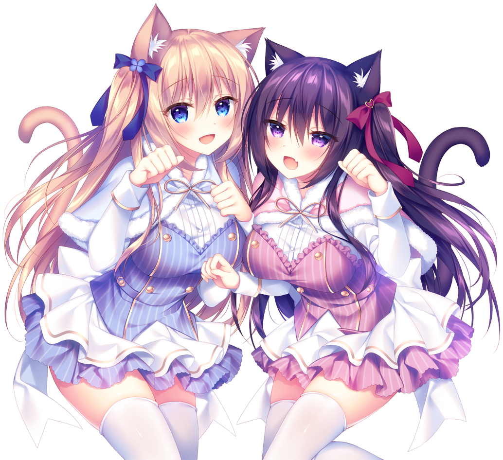 2girls :d animal_ears bangs blonde_hair blue_bow blue_capelet blue_eyes blush bow breasts capelet cat_ears cat_girl cat_tail commentary_request eyebrows_visible_through_hair fang fur-trimmed_capelet fur_trim hair_between_eyes hair_bow hands_up long_hair long_sleeves looking_at_viewer medium_breasts multiple_girls one_side_up open_mouth original paw_pose pink_capelet pleated_skirt purple_hair red_bow shirt simple_background skirt smile sorai_shin'ya tail thigh-highs traene_(sorai_shin'ya) very_long_hair violet_eyes white_background white_legwear white_shirt white_skirt