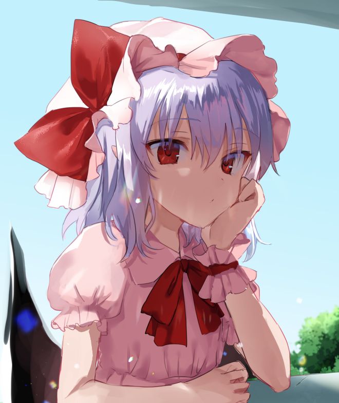 1girl bangs bat_wings blue_hair blue_sky bow bowtie clouds day dress eyebrows_visible_through_hair hair_between_eyes hand_up hat hat_bow head_rest looking_at_viewer mob_cap nazuka_(mikkamisaki) outdoors pink_dress pink_headwear pointy_ears puffy_short_sleeves puffy_sleeves red_bow red_eyes red_neckwear remilia_scarlet short_hair short_sleeves sky solo touhou upper_body wings wrist_cuffs
