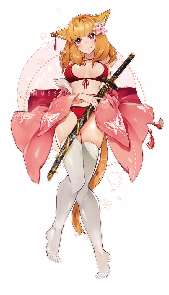 1girl animal_ears blonde_hair bra breasts cat_ears check_copyright commentary commission ear_ribbon eyebrows_visible_through_hair flower frown hair_flower hair_ornament holding japanese_clothes katana kimono kimono_removed large_breasts long_hair looking_at_viewer original panties pink_eyes pink_flower pink_kimono red_bra red_panties red_ribbon ribbon rirene_rn solo sword thigh-highs underwear weapon whisker_markings white_legwear