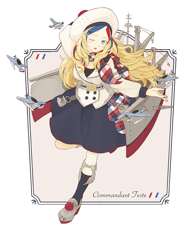 1girl aircraft airplane arm_behind_head beret black_legwear black_skirt blonde_hair blue_eyes blue_hair character_name commandant_teste_(kantai_collection) enu_(roco_roco44) french_flag full_body grey_footwear hat jacket kantai_collection kneehighs long_hair long_sleeves machinery multicolored_hair one_eye_closed open_mouth plaid redhead seaplane skirt solo standing standing_on_one_leg streaked_hair very_long_hair white_hair white_headwear white_jacket