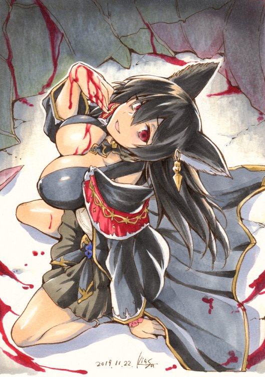 animal_ears bags_under_eyes black_hair blood ear_piercing erune granblue_fantasy hair_between_eyes kiasa looking_at_viewer looking_up nier_(granblue_fantasy) piercing red_eyes robe scrunchie sitting smile wrist_scrunchie