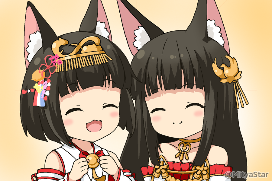 2girls :d ^_^ animal_ear_fluff animal_ears azur_lane bangs bare_shoulders black_hair blunt_bangs blush brown_background closed_eyes closed_mouth commentary_request detached_sleeves dress eyebrows_visible_through_hair fox_ears hair_ornament hands_up headpiece japanese_clothes kimono long_hair long_sleeves miicha multiple_girls mutsu_(azur_lane) nagato_(azur_lane) open_mouth pleated_dress red_dress sleeveless sleeveless_kimono smile strapless strapless_dress twitter_username upper_body white_kimono white_sleeves