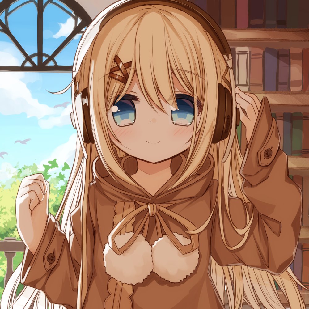 1girl bangs blonde_hair blue_eyes blue_sky blush book bookshelf brown_ribbon brown_robe closed_mouth clouds commentary_request day eyebrows_visible_through_hair hair_between_eyes hair_ornament hairclip hand_on_headphones hands_up hood hood_down hooded_robe indoors long_hair long_sleeves looking_at_viewer original pom_pom_(clothes) ribbon robe sky sleeves_past_wrists smile solo very_long_hair x_hair_ornament yuuhagi_(amaretto-no-natsu)