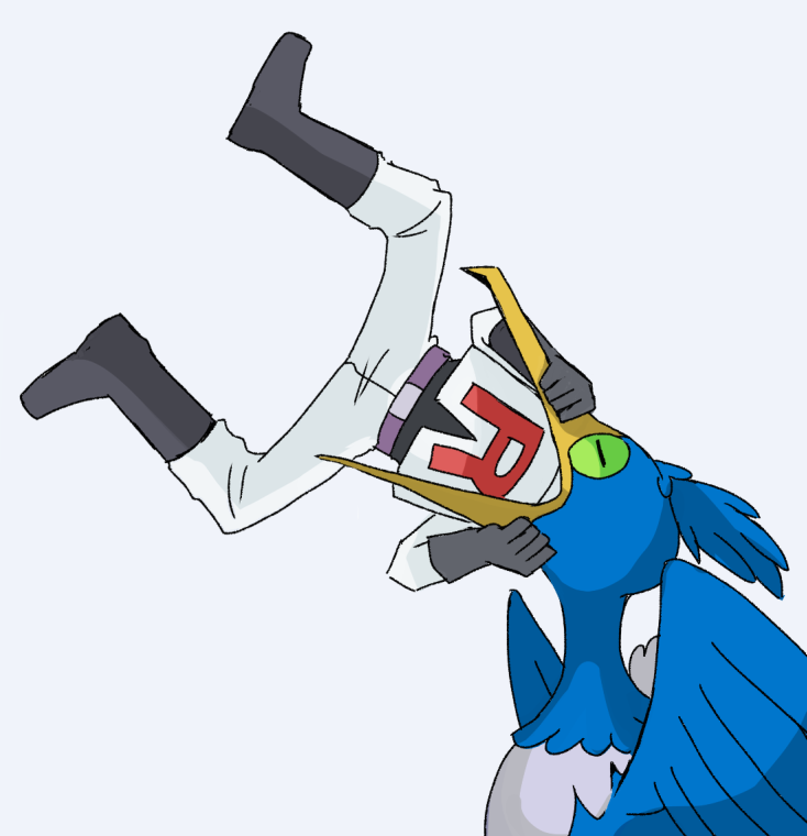 1boy atsumi_yoshioka bird black_footwear black_gloves boots closed_eyes cramorant gen_8_pokemon gloves grey_background in_mouth kojirou_(pokemon) male_focus pokemon pokemon_(anime) pokemon_(creature) simple_background team_rocket_uniform