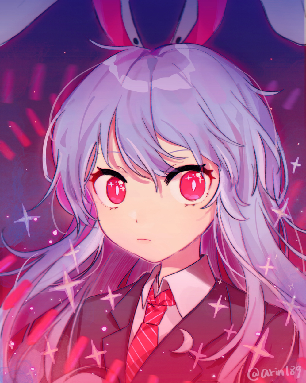 1girl animal_ears arin_(fanfan013) artist_name aura bangs blazer bright_pupils bullet closed_mouth collared_shirt commentary_request crescent crescent_moon_pin danmaku glint glowing hair_between_eyes highres jacket lavender_hair light_particles long_hair looking_at_viewer necktie pink_eyes pink_neckwear purple_background rabbit_ears reisen_udongein_inaba shirt sidelocks solo sparks striped striped_neckwear touhou twitter_username upper_body white_pupils white_shirt wing_collar