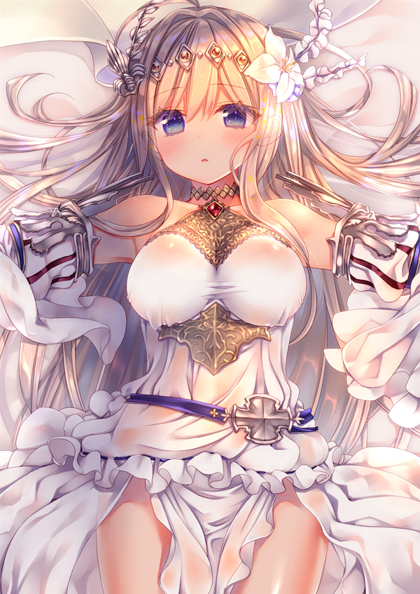 1girl bare_shoulders blonde_hair blue_eyes blush breasts choker detached_sleeves dress eyebrows_visible_through_hair flower granblue_fantasy hair_flower hair_ornament jeanne_d'arc_(granblue_fantasy) long_hair looking_at_viewer lying nemuri_nemu on_back on_bed solo white_dress