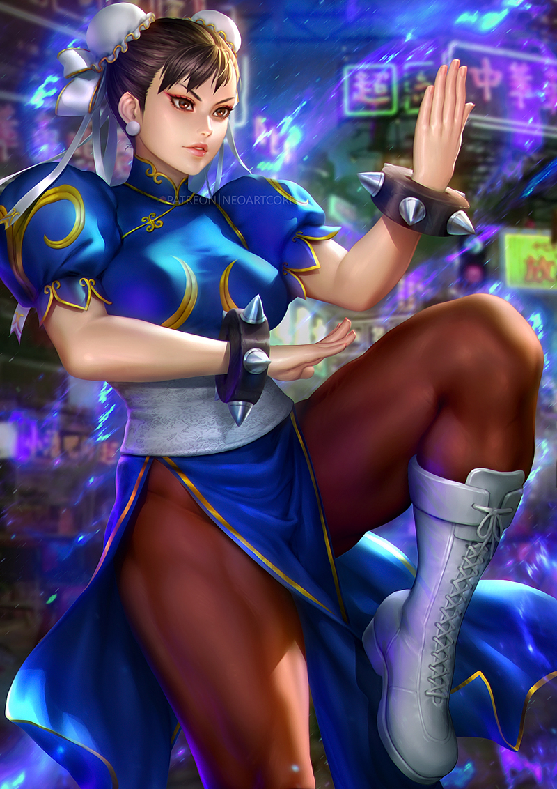 1girl breasts brown_eyes brown_hair chun-li commentary double_bun gloves hair_bun leg_lift lips medium_breasts neon_lights nudtawut_thongmai pantyhose parted_lips pose short_hair solo spiked_gloves street_fighter thick_thighs thigh-highs thighs white_footwear