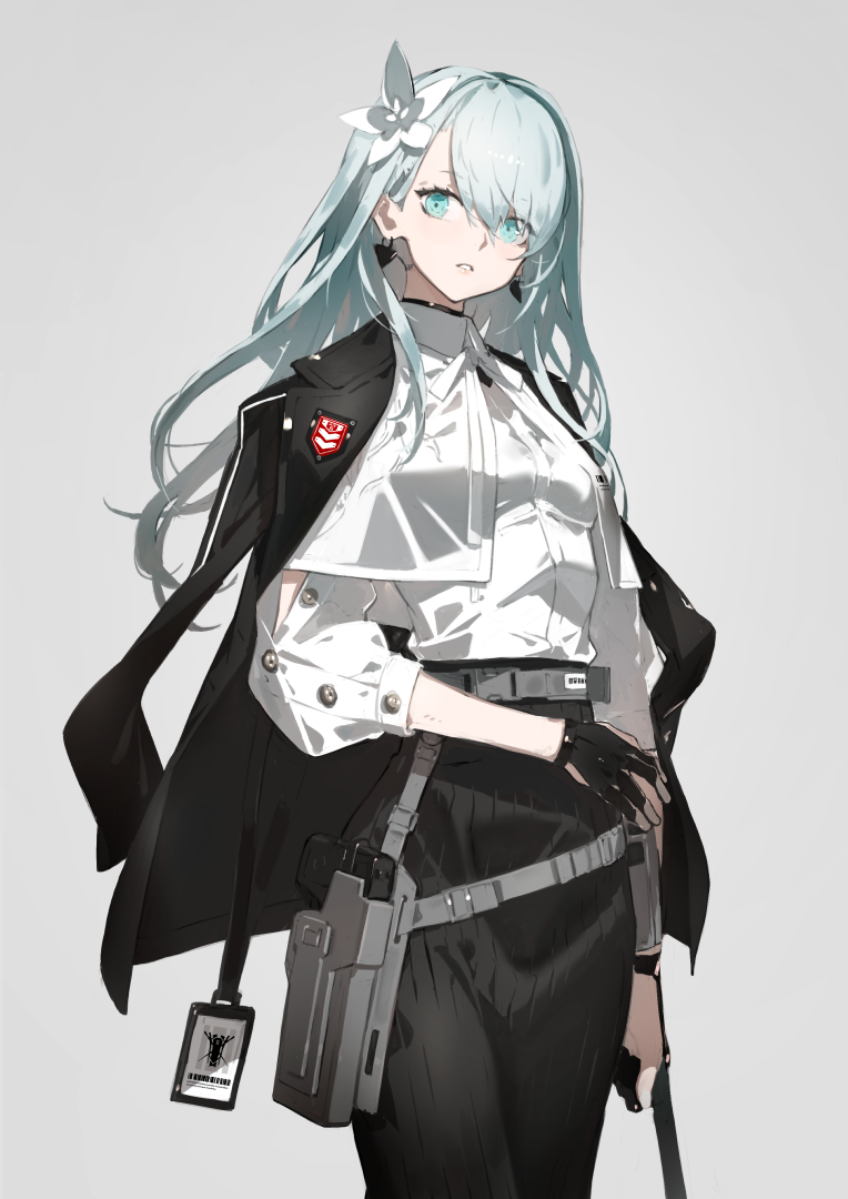 1girl badge bangs black_coat black_skirt capelet collared_shirt cowboy_shot earrings eyes_visible_through_hair fingerless_gloves flower gloves green_eyes green_hair grey_background hair_flower hair_ornament hair_over_one_eye holding holding_weapon holster holstered_weapon id_card jewelry long_hair long_sleeves neco original parted_lips pleated_skirt shirt skirt standing weapon white_shirt