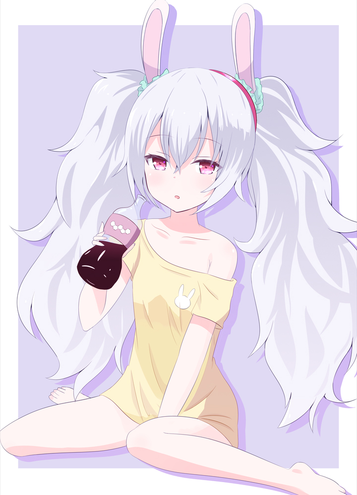 1girl animal_ears azur_lane bangs bare_shoulders barefoot between_legs bottle breasts collarbone commentary_request derivative_work drop_shadow eyebrows_visible_through_hair hair_between_eyes hairband hand_between_legs holding holding_bottle laffey_(azur_lane) long_hair looking_at_viewer off_shoulder parted_lips purple_background rabbit_ears red_eyes red_hairband shirt short_sleeves sitting small_breasts solo twintails two-tone_background very_long_hair wariza white_background white_hair yellow_shirt yutsuki_warabi
