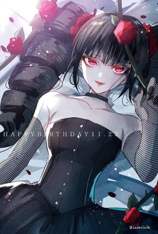 1girl alternate_costume artist_request bangs bare_shoulders black_choker black_hair celestia_ludenberck choker collarbone commentary_request dangan_ronpa dangan_ronpa_1 dated drill_hair eyebrows_visible_through_hair fishnet_gloves fishnets flower gloves gothic_lolita hair_flower hair_ornament happy_birthday lolita_fashion long_hair looking_at_viewer lying necktie red_eyes red_flower red_rose rose smile solo twin_drills twintails very_long_hair z-epto_(chat-noir86)