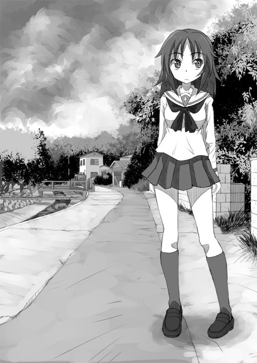 1girl bangs brick_wall bridge building canal closed_mouth clouds cloudy_sky commentary eyebrows_visible_through_hair girls_und_panzer gofu greyscale light_frown long_hair looking_at_viewer monochrome ooarai_school_uniform outdoors road school_uniform sky solo standing street tree yamagou_ayumi