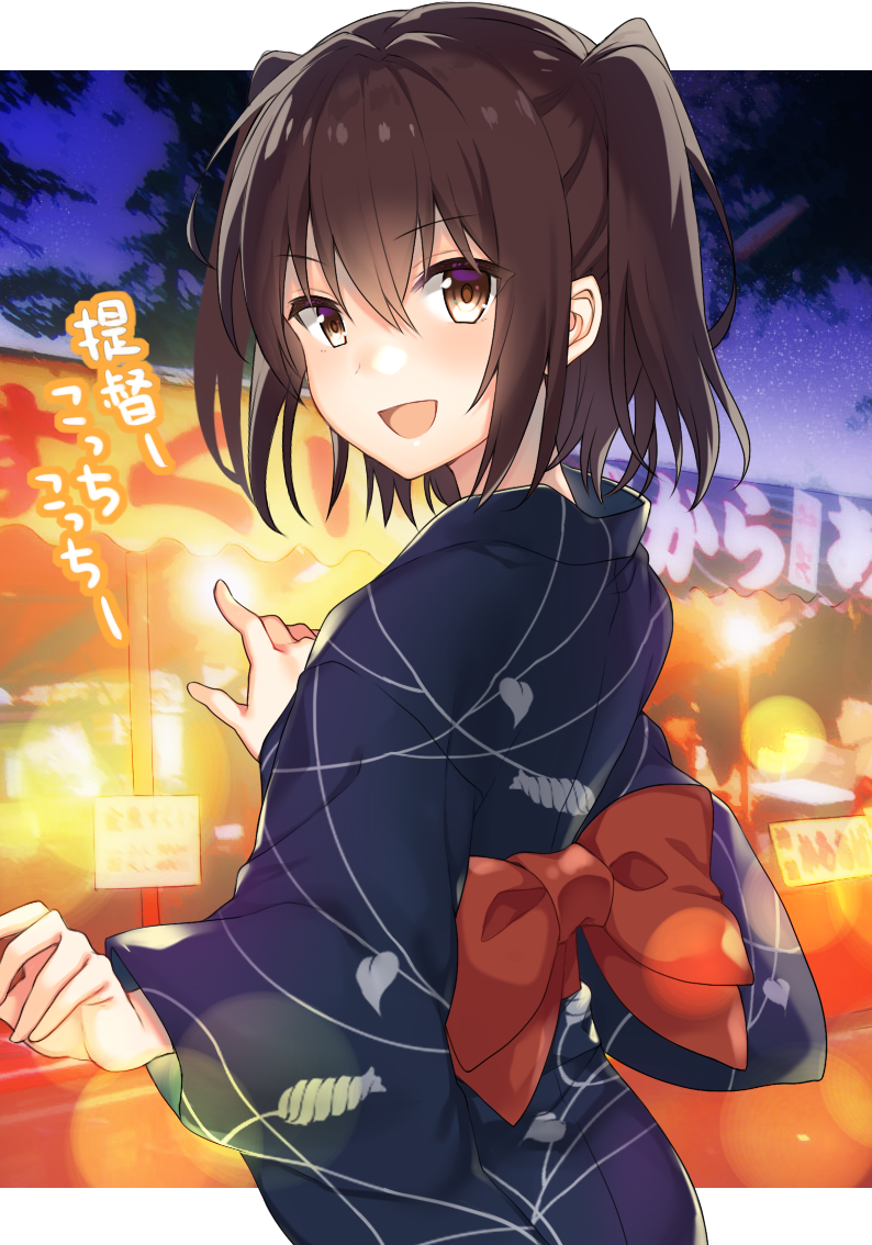 1girl :d blue_kimono blush brown_eyes brown_hair eyebrows_visible_through_hair food_stand from_side japanese_clothes kantai_collection kimono looking_at_viewer night night_sky obi open_mouth sash sendai_(kantai_collection) sky smile solo translated two_side_up upper_body yatai yukata yuzuttan