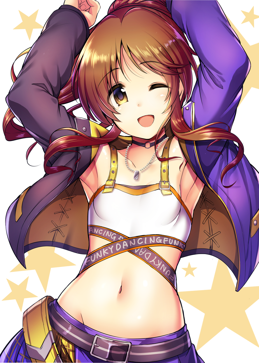 1girl ;d arms_up belt black_choker breasts brown_hair choker collarbone eyebrows_visible_through_hair highres idolmaster idolmaster_cinderella_girls jacket jewelry looking_at_viewer ment navel necklace one_eye_closed open_clothes open_jacket open_mouth short_hair small_breasts smile solo star starry_background takamori_aiko white_background yellow_eyes