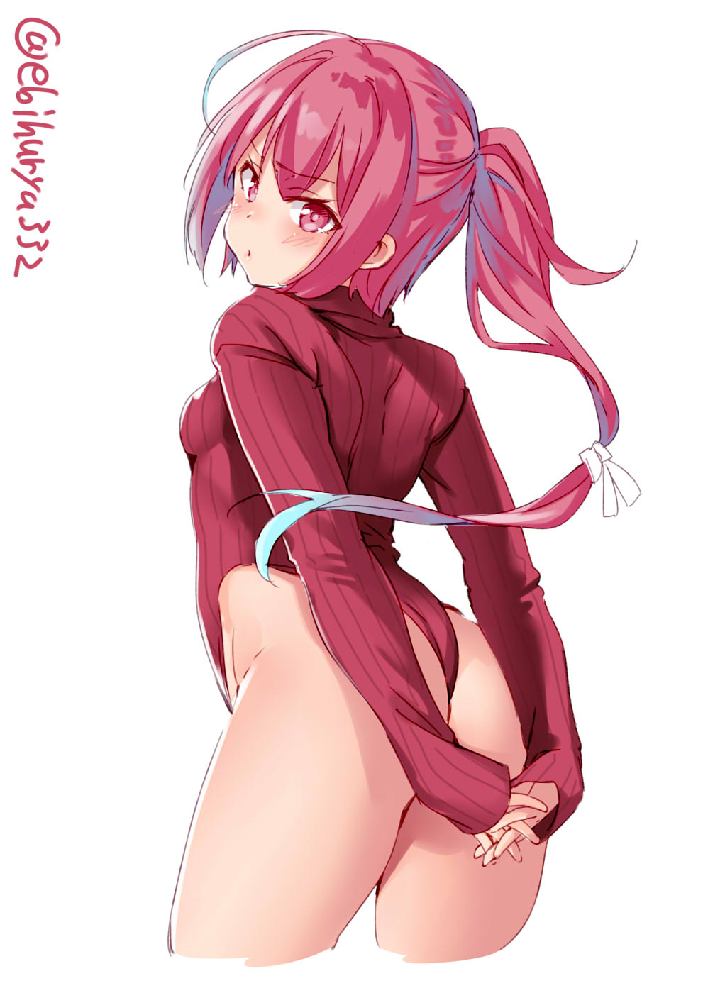 1girl alternate_costume arched_back arms_behind_back breasts cowboy_shot cropped_legs ebifurya eyebrows_visible_through_hair from_behind gradient_hair hair_ribbon highleg highleg_leotard highres i-168_(kantai_collection) interlocked_fingers kantai_collection leotard light_blue_hair long_hair meme_attire multicolored_hair pink_eyes pink_hair ponytail red_legwear ribbed_leotard ribbon sidelocks small_breasts solo standing thighs turtleneck twitter_username