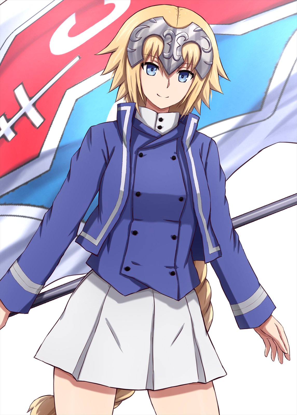 1girl alternate_costume bangs bc_freedom_(emblem) bc_freedom_military_uniform blonde_hair blue_eyes blue_jacket blue_vest braid closed_mouth commentary cowboy_shot dress_shirt emblem eyebrows_visible_through_hair fate/grand_order fate_(series) flag girls_und_panzer headpiece high_collar highres holding holding_flag jacket jeanne_d'arc_(fate) jeanne_d'arc_(fate)_(all) leaning_forward long_hair long_sleeves looking_at_viewer military military_uniform miniskirt omachi_(slabco) pleated_skirt shirt single_braid skirt smile solo standing uniform very_long_hair vest white_shirt white_skirt