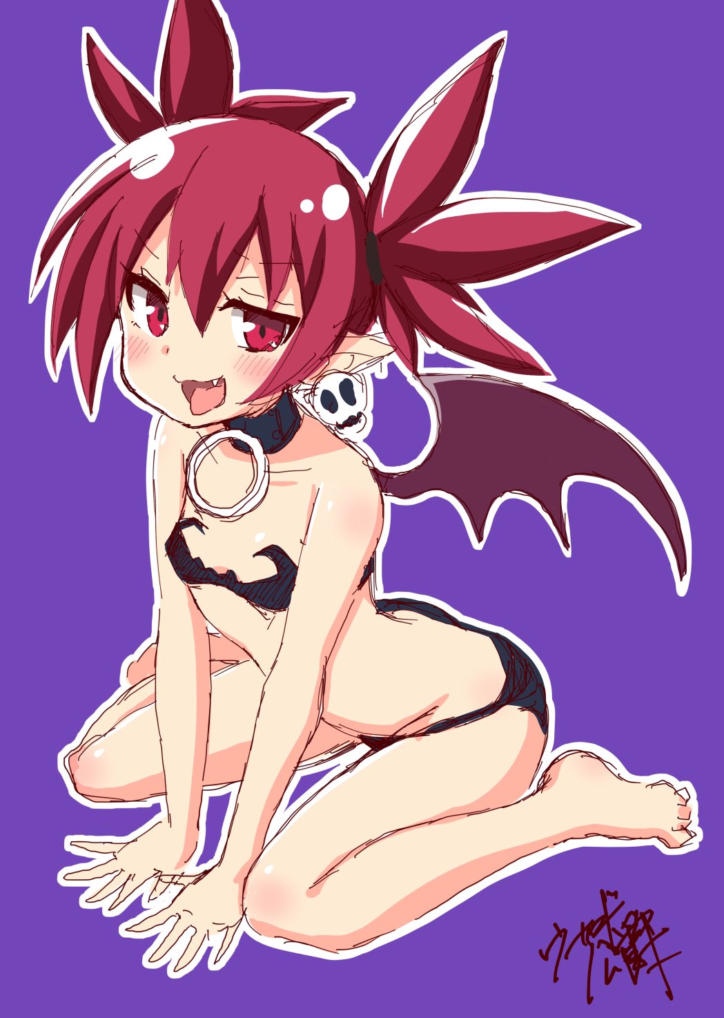 1girl bare_arms bare_legs bare_shoulders barefoot bat_wings black_panties choker commentary_request demon_girl demon_wings disgaea earrings etna eyebrows_visible_through_hair fang flat_chest full_body hands_on_ground highres jewelry looking_at_viewer midriff mini_wings open_mouth panties pointy_ears purple_background red_eyes red_wings redhead simple_background sitting sketch skull_earrings smile solo tongue tongue_out underwear usagi_koushaku wariza wings