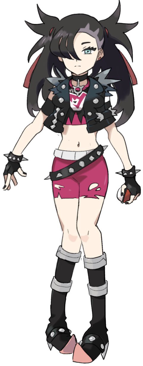 1girl aqua_eyes black_gloves black_hair black_vest boots bracelet choker closed_mouth fingerless_gloves full_body gloves gym_leader hair_over_one_eye hair_ribbon highres holding holding_poke_ball jewelry mary_(pokemon) older pigeon-toed pink_shorts poke_ball poke_ball_(generic) pokemon pokemon_(game) pokemon_swsh ribbon sgrimp shorts simple_background solo spiked_belt spiked_bracelet spikes studded_footwear studded_vest torn_clothes twintails vest white_background