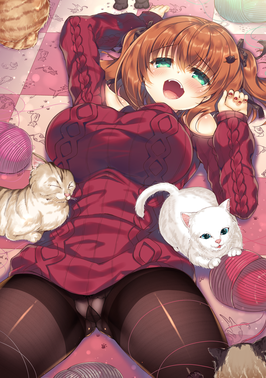 1girl :d animal aoki_kaede aran_sweater arm_up bangs bare_shoulders black_ribbon blush breasts brown_hair brown_legwear cat cat_hair_ornament commentary_request eyebrows_visible_through_hair fangs green_eyes hair_between_eyes hair_ornament hair_ribbon hand_up highres large_breasts long_sleeves looking_at_viewer lying nail_polish on_back on_floor open_mouth original panties panties_under_pantyhose pantyhose red_nails red_sweater ribbed_sweater ribbon shoulder_cutout sleeves_past_wrists smile solo spread_legs suzunone_rena sweater thighband_pantyhose two_side_up underwear upper_teeth white_cat white_panties yarn yarn_ball