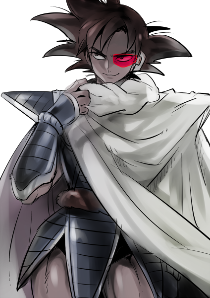 1boy armor black_eyes black_hair cape dark_skin dragon_ball dragon_ball_z katori_(katokichi) male_focus muscle scouter short_hair smile solo spiky_hair tail tullece white_cape wristband