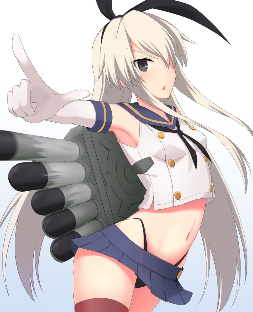 1girl akahi242 armpits black_hairband black_panties blonde_hair breasts crop_top elbow_gloves firing from_side gloves grey_eyes hair_over_one_eye hairband highleg highleg_panties index_finger_raised kantai_collection long_hair looking_at_viewer miniskirt navel panties school_uniform serafuku shimakaze_(kantai_collection) simple_background skirt small_breasts solo striped striped_legwear thigh-highs thighs torpedo underwear white_background white_gloves