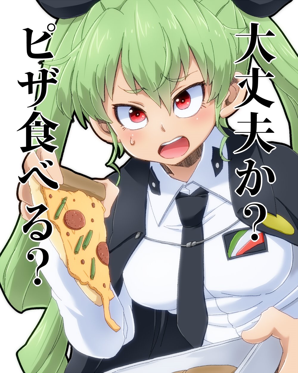 1girl anchovy anzio_school_uniform aono3 bangs black_cape black_neckwear black_ribbon cape commentary dress_shirt drill_hair emblem eyebrows_visible_through_hair food girls_und_panzer green_hair hair_ribbon highres holding holding_food long_hair long_sleeves necktie offering open_mouth pizza red_eyes ribbon school_uniform shirt solo sweatdrop twin_drills twintails white_background white_shirt