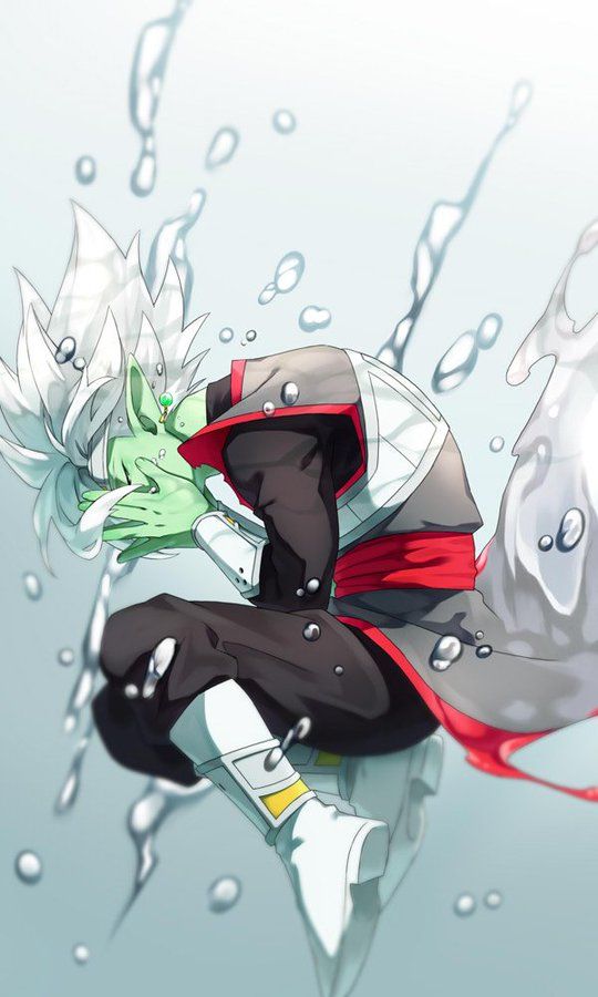 1boy alternate_costume artist_request boots covering_face crying dougi dragon_ball dragon_ball_heroes dragon_ball_super earrings eyepatch full_body fused_zamasu green_skin jewelry long_sleeves male_focus pointy_ears potara_earrings short_hair simple_background solo source_request spiky_hair white_hair zamasu