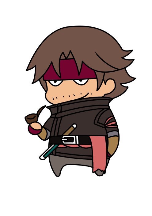 1boy belt black_belt black_eyes black_jacket brown_hair chibi commentary_request facial_hair fire_emblem fire_emblem:_path_of_radiance full_body grey_pants headband high_collar holding holding_pipe jacket knife kokouno_oyazi long_sleeves male_focus mustache pants pipe red_headband simple_background smile standing volke_(fire_emblem) white_background