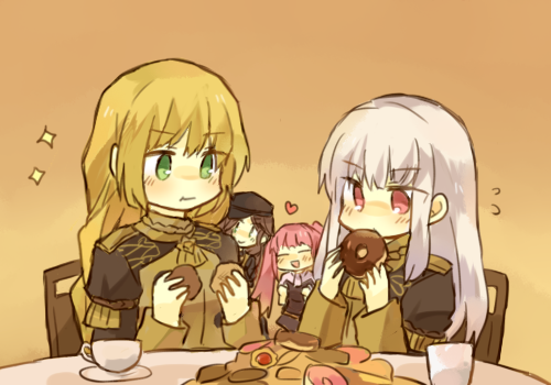 4girls black_headwear blonde_hair bonbonjin brown_hair chair closed_eyes closed_mouth cookie cup dorothea_arnault doughnut eating fire_emblem fire_emblem:_three_houses food garreg_mach_monastery_uniform green_eyes hat hilda_valentine_goneril holding holding_food ingrid_brandl_galatea long_hair long_sleeves lowres lysithea_von_ordelia multiple_girls open_mouth orange_background pink_eyes pink_hair simple_background sitting table teacup twintails uniform white_hair