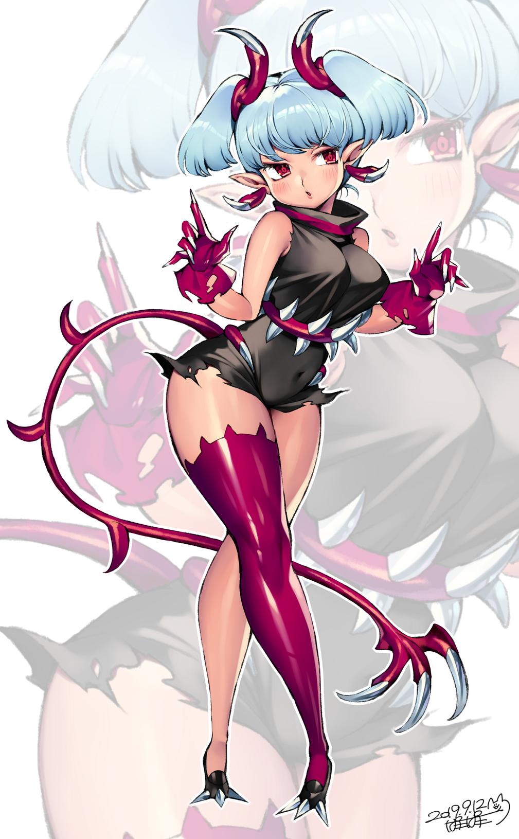 1girl bare_shoulders blue_hair blush claws covered_navel dated earrings fingernails gloves highres horns iroyopon jewelry light_blue_hair original parted_lips pointy_ears purple_gloves purple_horns purple_legwear red_eyes sharp_fingernails short_hair solo standing tail tongue torn_clothes torn_gloves twintails white_nails