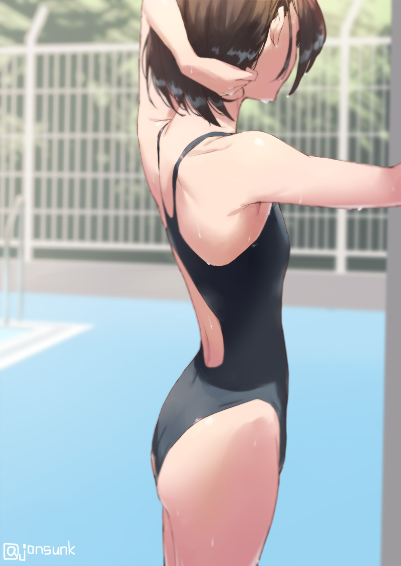 1girl arm_behind_head arm_up ass bare_shoulders black_swimsuit blurry blurry_background competition_swimsuit cowboy_shot day depth_of_field facing_away fence flat_chest from_side jonsun nape one-piece_swimsuit original outdoors poolside solo swimsuit twitter_username