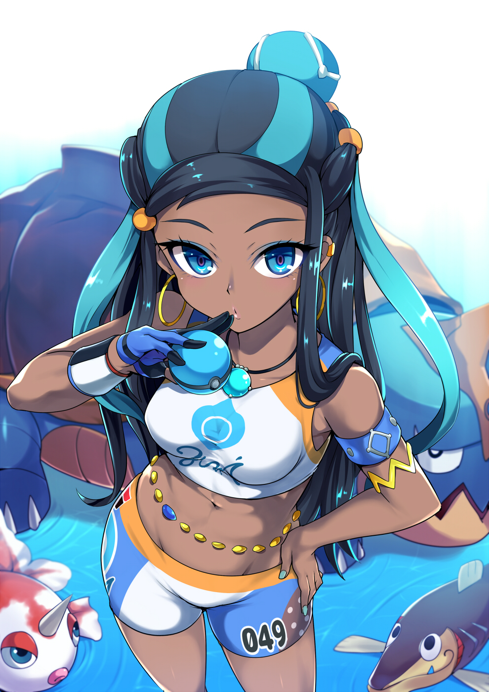1girl arm_up armlet arrokuda bare_shoulders bike_shorts blue_eyes blue_gloves blue_hair breasts clothes_writing crop_top dark_skin drednaw earrings finger_to_mouth forehead from_above gen_1_pokemon gen_8_pokemon gloves goldeen grey_background hair_bun hair_ornament hairclip hand_on_hip highres hoop_earrings jewelry kasai_shin looking_at_viewer looking_up multicolored_hair navel necklace partly_fingerless_gloves pokemon pokemon_(game) pokemon_swsh rurina_(pokemon) simple_background small_breasts stomach sweatband two-tone_hair