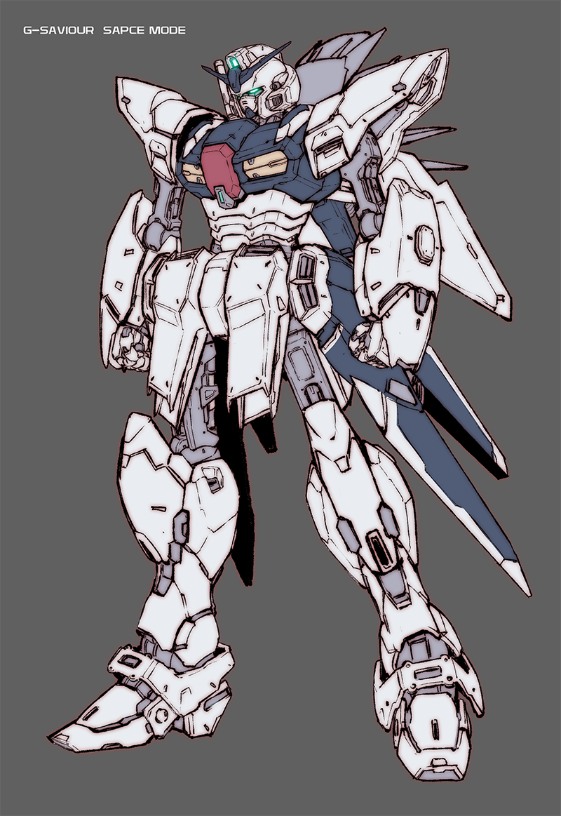 armor banchengping@126 clenched_hands flat_color g-saviour_gundam glowing glowing_eyes grey_background gundam gundam_g-saviour mecha no_humans parts_exposed thrusters