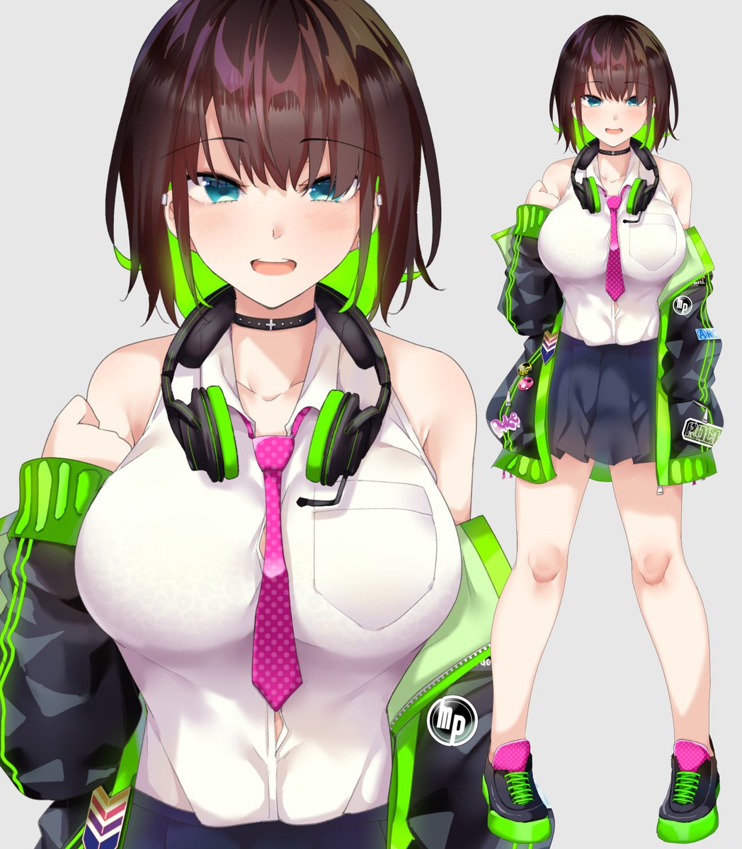 1girl :d badge bangs bare_legs bare_shoulders black_choker black_footwear black_jacket black_skirt blue_eyes blush breast_pocket breasts brown_hair button_badge choker collarbone collared_shirt eyebrows_visible_through_hair full_body green_hair grey_background headphones headphones_around_neck highres jacket large_breasts long_sleeves looking_at_viewer miniskirt necktie off_shoulder open_clothes open_jacket open_mouth original pink_neckwear pleated_skirt pocket polka_dot_neckwear round_teeth ryouma_(galley) shirt shoes short_hair simple_background skirt smile solo standing teeth unzipped upper_body upper_teeth white_shirt zoom_layer