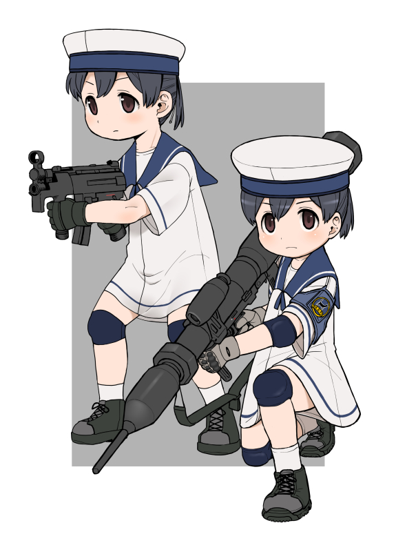 2girls badge black_footwear black_gloves blue_sailor_collar border dress dual_persona elbow_pads gloves grey_background gun h&amp;k_mp5k harukaze_unipo hat hiburi_(kantai_collection) kantai_collection knee_pads multiple_girls panzerfaust_3 rocket_launcher sailor_collar sailor_dress sailor_hat shoes short_sleeves sneakers squatting standing submachine_gun two-tone_background weapon weapon_request white_border white_dress white_headwear white_legwear