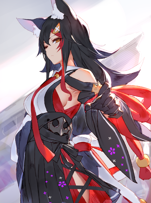 1girl animal_ear_fluff animal_ears armpits azur_lane black_dress black_gloves black_hair breasts closed_mouth detached_sleeves dress gloves gun hair_ornament hairclip hand_on_hip hololive izumi_sai kouhaku_nawa looking_to_the_side machine_gun medium_breasts multicolored_hair necktie ookami_mio orange_hair outstretched_arm red_neckwear redhead shoulder_cutout sideboob standing streaked_hair virtual_youtuber weapon white_background wing_collar wolf_ears wolf_girl