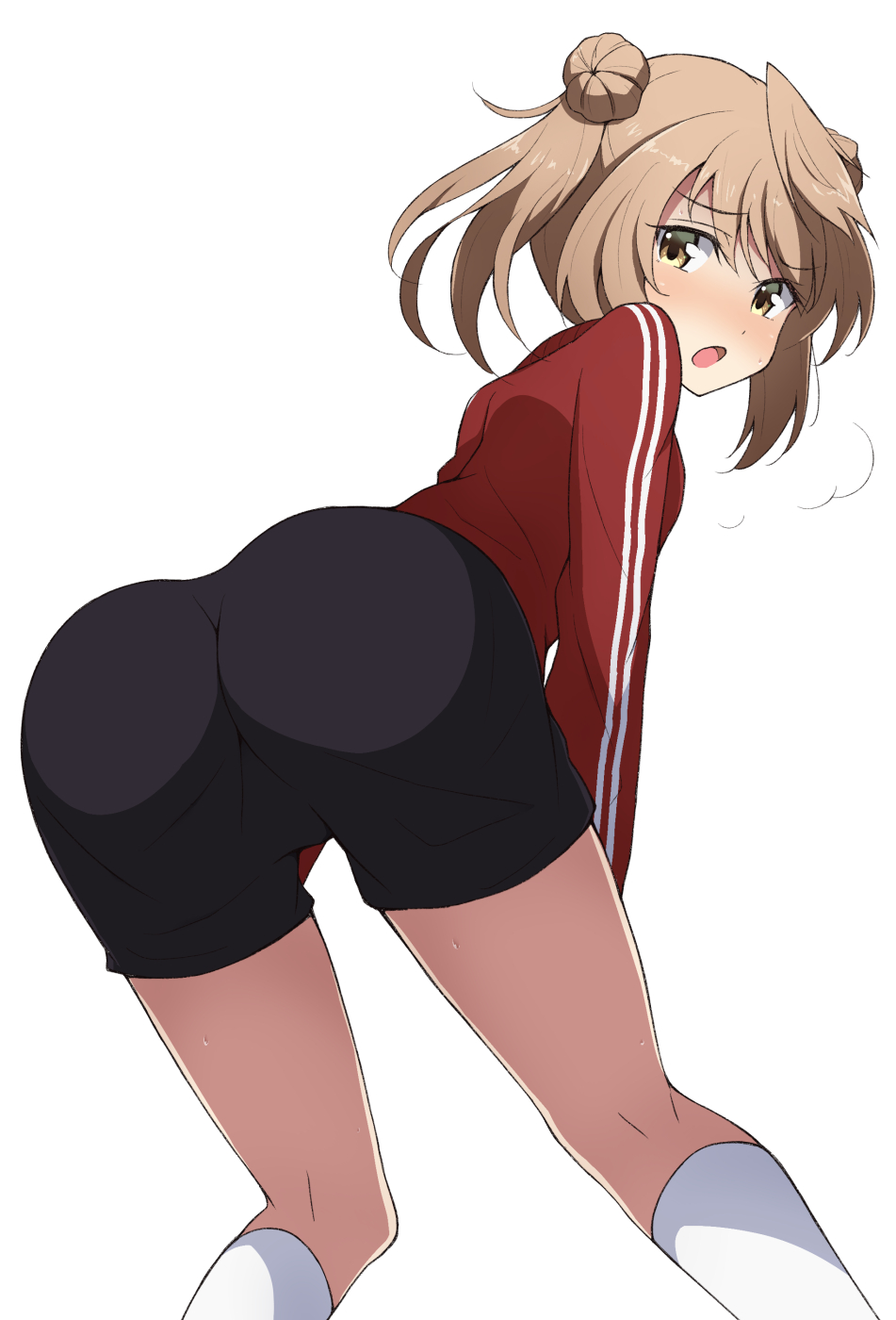 1girl ass blush brown_eyes brown_hair double_bun eyebrows_visible_through_hair hair_between_eyes hair_bun hair_ornament highres jacket jersey kantai_collection kneehighs light_brown_hair long_hair michishio_(kantai_collection) nel-c open_mouth remodel_(kantai_collection) short_twintails simple_background solo track_jacket track_suit twintails white_background white_legwear