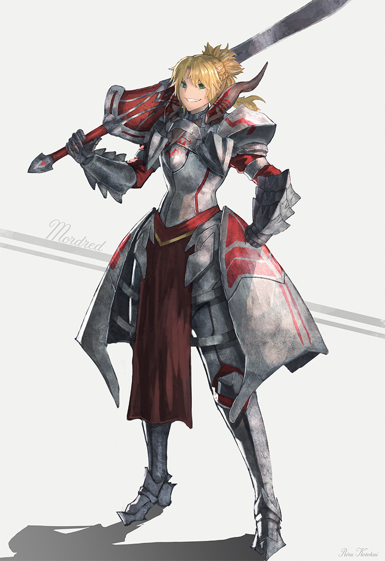 1girl armor artist_name blonde_hair braid breasts character_name commentary_request fate/grand_order fate_(series) full_body gauntlets green_eyes grin holding holding_sword holding_weapon long_hair looking_at_viewer mordred_(fate) mordred_(fate)_(all) over_shoulder ponytail ritu_kotokai shoulder_armor smile solo sword sword_over_shoulder weapon weapon_over_shoulder