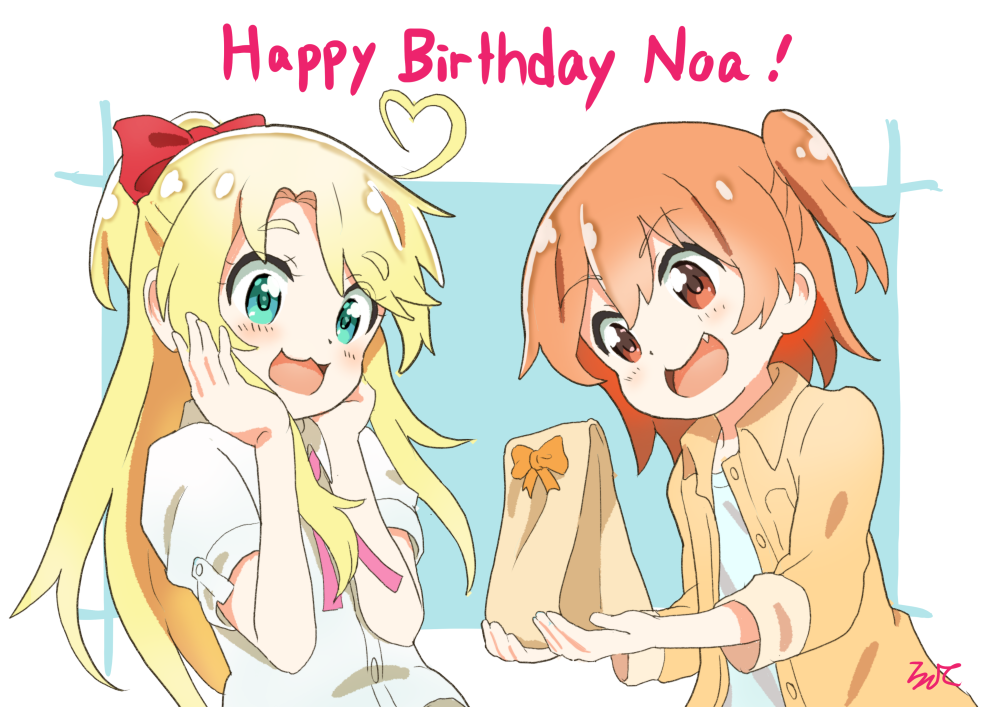 2girls :3 :d aayh ahoge aqua_eyes bag blonde_hair blue_background blue_shirt bow brown_bow brown_eyes brown_hair brown_jacket character_name collared_shirt commentary_request dress_shirt gift hair_bow hands_on_own_face hands_up happy_birthday heart_ahoge high_ponytail himesaka_noa holding holding_bag holding_gift hoshino_hinata jacket long_sleeves multiple_girls one_side_up open_clothes open_jacket open_mouth paper_bag ponytail puffy_short_sleeves puffy_sleeves red_bow shirt short_sleeves signature smile two-tone_background upper_body watashi_ni_tenshi_ga_maiorita! white_background white_shirt