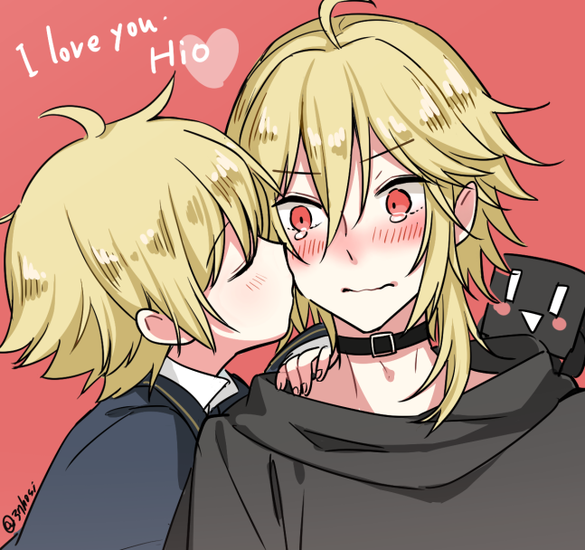 blonde_hair blush cheek_kiss closed_eyes closed_mouth kiss looking_at_another male_focus mizuhoshi_taichi oliver_(vocaloid) one_eye_closed red_background red_eyes sailor_collar simple_background tearing_up upper_body vocaloid yohioloid