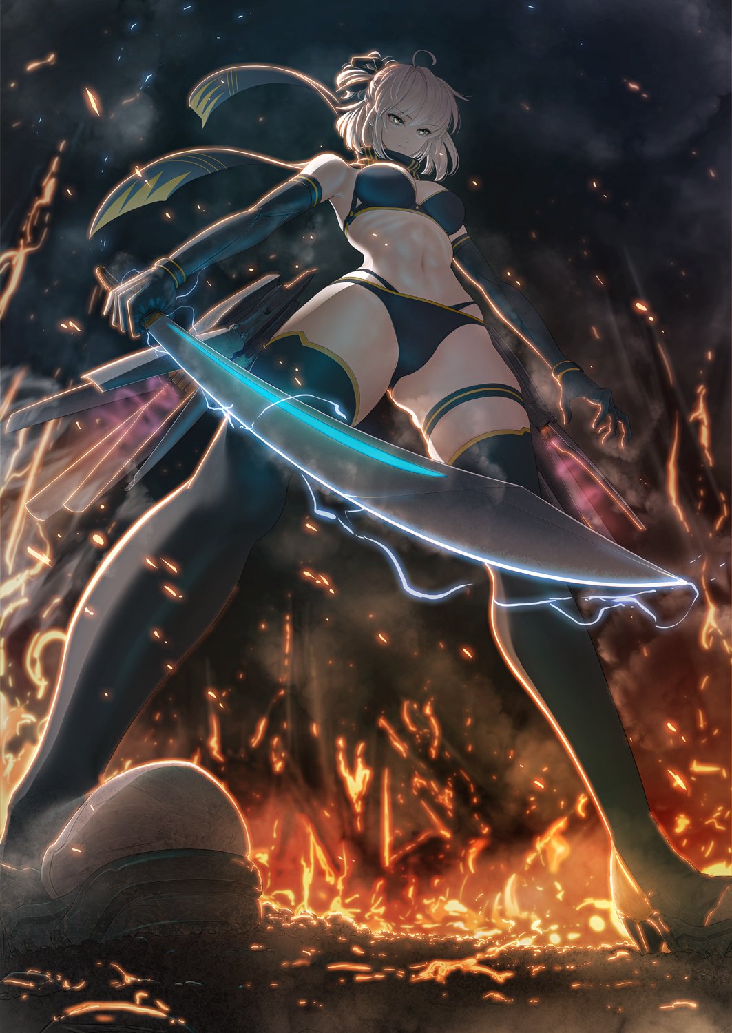 1girl ahoge bangs bare_shoulders bikini black_bikini black_footwear black_gloves black_scarf bow closed_mouth commentary_request dutch_angle elbow_gloves fate/grand_order fate_(series) gloves hair_bow highres holding holding_sword holding_weapon imizu_(nitro_unknown) katana lightning looking_at_viewer multi-strapped_bikini navel okita_souji_(fate)_(all) okita_souji_(swimsuit_assassin)_(fate) scarf simple_background solo standing stomach swimsuit sword thigh-highs thigh_strap tied_hair weapon winter_clothes