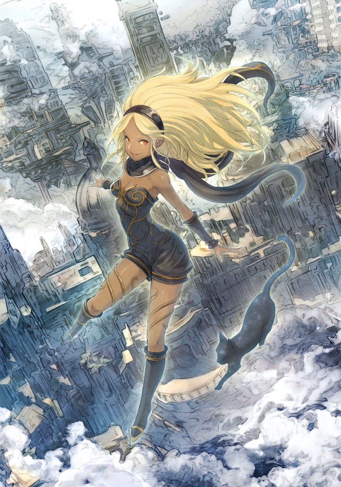 animal bare_shoulders black_hairband black_scarf blonde_hair cat city dark_skin floating gravity_daze hairband highres long_hair orange_eyes outdoors parted_lips scarf shukei_co smile