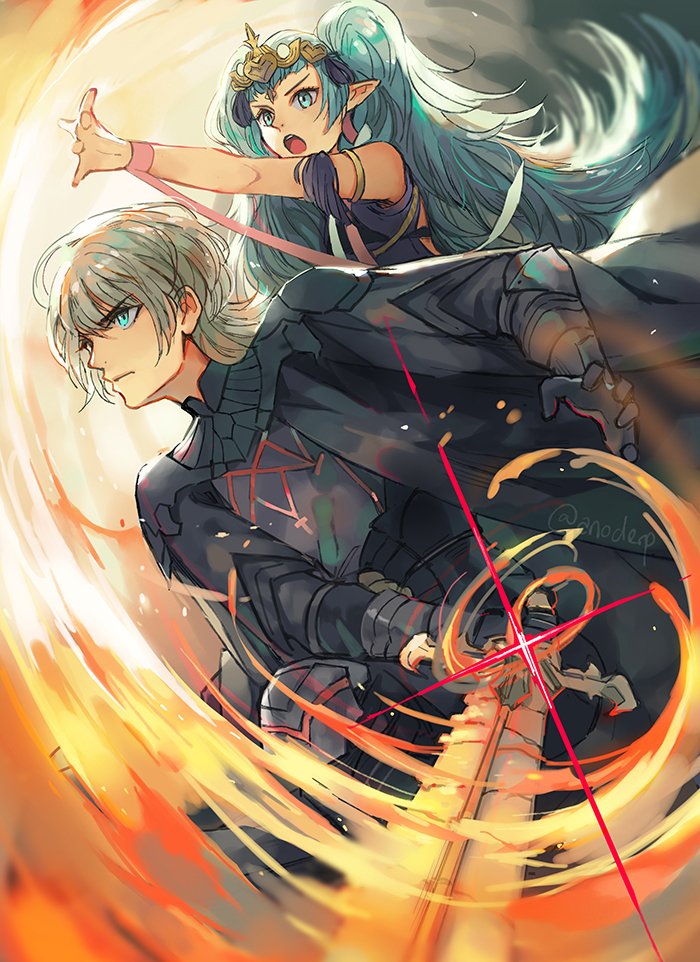 1boy 1girl anocurry armor black_armor black_cape byleth_(fire_emblem) byleth_eisner_(male) cape closed_mouth fire_emblem fire_emblem:_three_houses green_eyes green_hair holding holding_sword holding_weapon long_hair open_mouth pointy_ears short_hair sothis_(fire_emblem) sword tiara twitter_username weapon