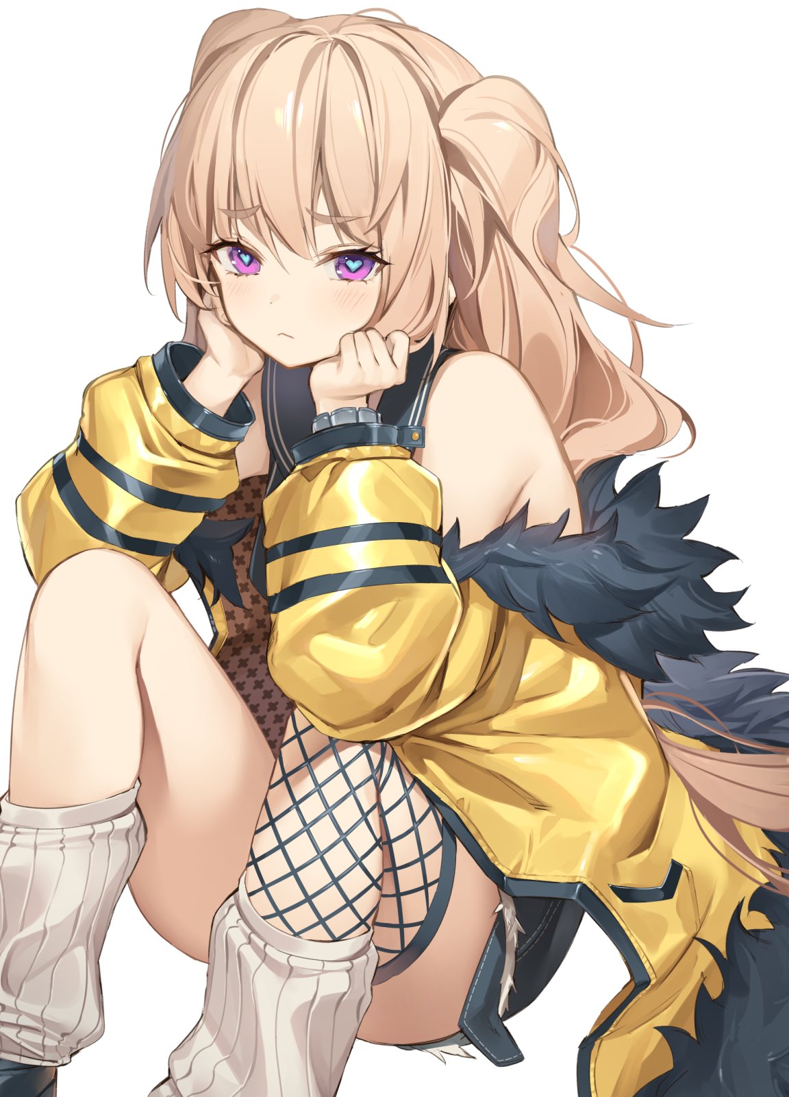 1girl :&lt; ass azur_lane bache_(azur_lane) bare_shoulders black_shirt brown_hair cutoffs exposed_pocket fishnet_legwear fishnets frown fur_trim grey_legwear hands_up heart heart-shaped_pupils highres jacket kaerunoko knees_up long_hair long_sleeves looking_at_viewer loose_socks off_shoulder open_clothes open_jacket puffy_sleeves ribbed_legwear sailor_collar shirt shoes short_shorts shorts simple_background sitting sleeveless sleeveless_shirt solo symbol-shaped_pupils thighs two_side_up violet_eyes white_background yellow_jacket