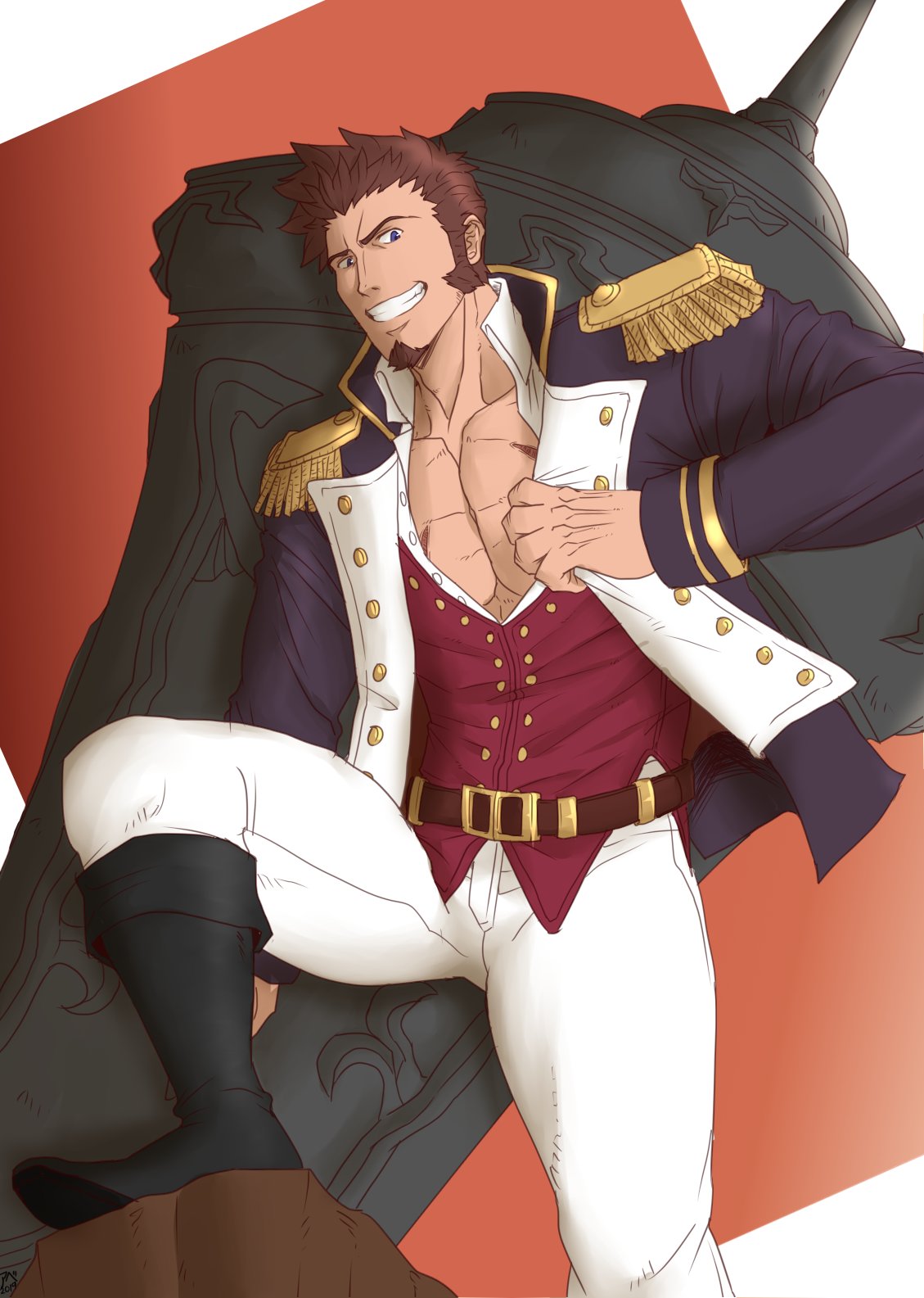 1boy abeberries bara beard blue_eyes brown_hair chest epaulettes facial_hair fate/grand_order fate_(series) highres huge_weapon long_sleeves looking_at_viewer male_focus military military_uniform muscle napoleon_bonaparte_(fate/grand_order) open_clothes pants pectorals scar simple_background smile solo thighs uniform upper_body weapon white_pants