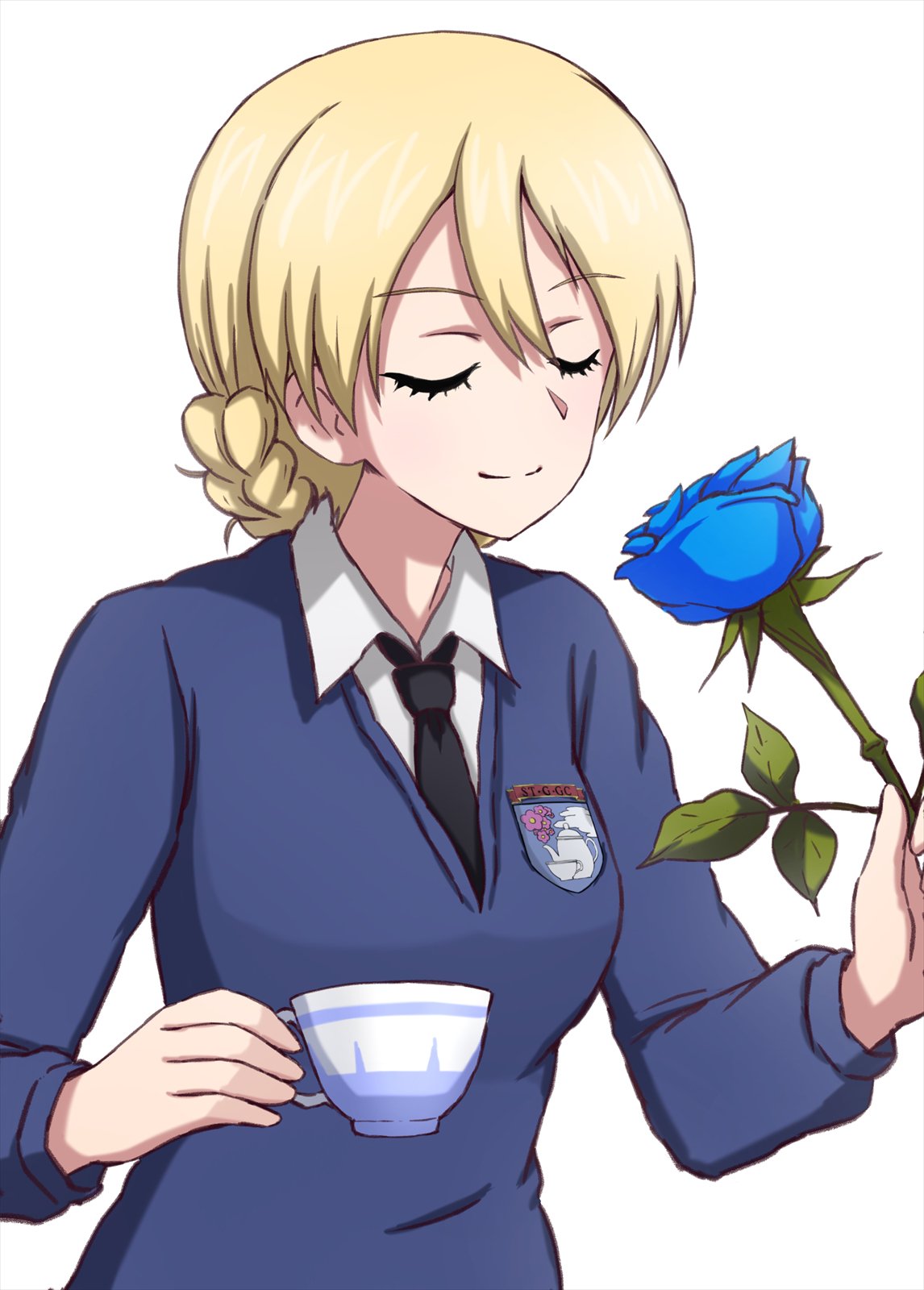 1girl bangs black_neckwear blonde_hair blue_flower blue_rose blue_sweater braid closed_eyes closed_mouth commentary cup darjeeling dress_shirt emblem eyebrows_visible_through_hair flower girls_und_panzer highres holding holding_cup holding_flower long_sleeves necktie omachi_(slabco) rose school_uniform shirt short_hair simple_background smelling_flower smile solo st._gloriana's_(emblem) st._gloriana's_school_uniform sweater teacup tied_hair twin_braids upper_body v-neck white_background white_shirt wing_collar