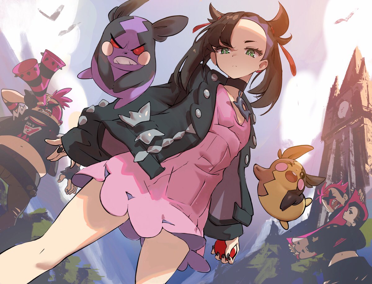 &gt;_o 1girl 2boys ;d bird black_choker black_hair black_jacket black_nails black_shirt brown_pants choker clock clock_tower commentary day dress english_commentary gen_8_pokemon green_eyes hair_ribbon holding holding_poke_ball jacket james_ghio long_hair long_sleeves mary_(pokemon) midriff morpeko multiple_boys nail_polish one_eye_closed open_clothes open_jacket open_mouth outdoors pants pink_dress poke_ball poke_ball_(generic) pokemon pokemon_(creature) pokemon_(game) pokemon_swsh puffy_long_sleeves puffy_sleeves red_ribbon ribbon shirt sleeves_past_wrists smile standing team_yell team_yell_grunt tower twintails