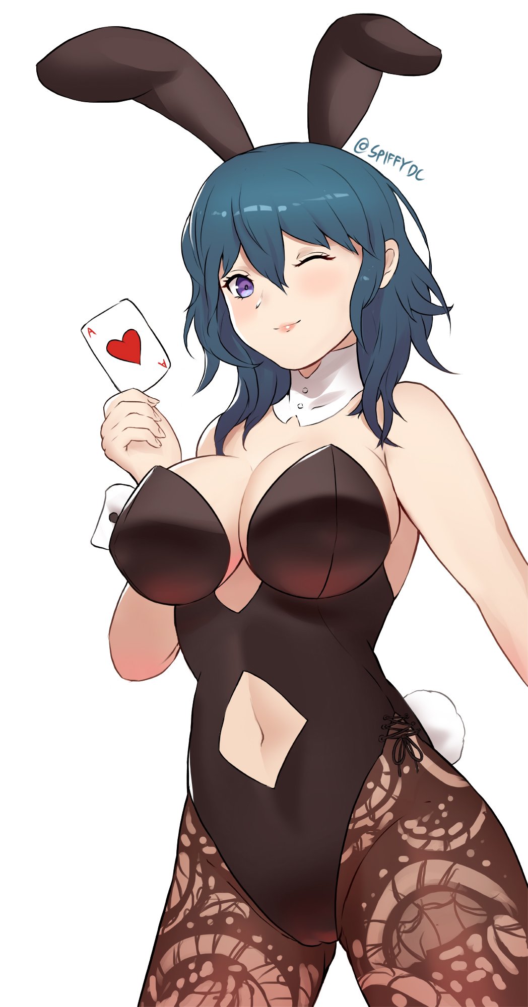 1girl alternate_costume animal_ears blue_eyes blue_hair breasts bunny_tail bunnysuit byleth_(fire_emblem) byleth_eisner_(female) card closed_mouth fake_animal_ears fake_tail fire_emblem fire_emblem:_three_houses highres holding holding_card large_breasts leotard medium_hair navel navel_cutout one_eye_closed pantyhose playing_card rabbit_ears simple_background smile solo spiffydc tail twitter_username white_background wrist_cuffs