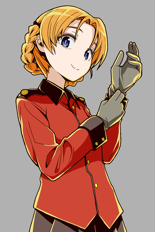 1girl aokaze_(mimi_no_uchi) bangs black_ribbon black_skirt blue_eyes braid closed_mouth commentary epaulettes girls_und_panzer glove_pull gloves grey_background grey_gloves hair_ribbon jacket long_sleeves looking_at_viewer military military_uniform orange_hair orange_pekoe parted_bangs pleated_skirt red_jacket ribbon short_hair simple_background skirt smile solo st._gloriana's_military_uniform standing tied_hair twin_braids uniform